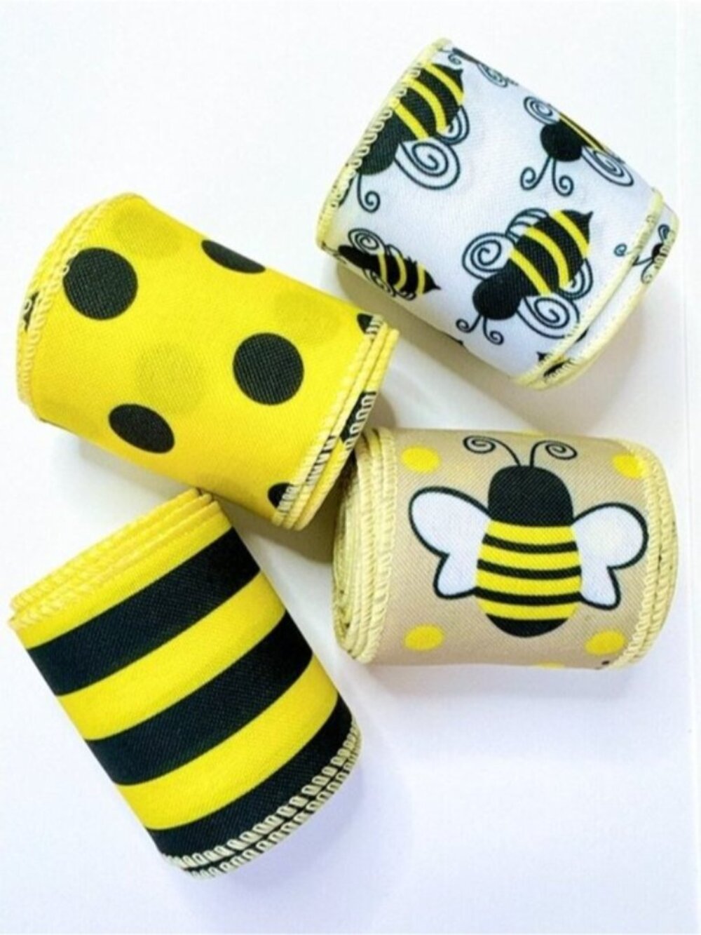 Bumblebee Ribbon Set | Yellow Black Stripes, Polka Dots, Bee Wired Craft Ribbon